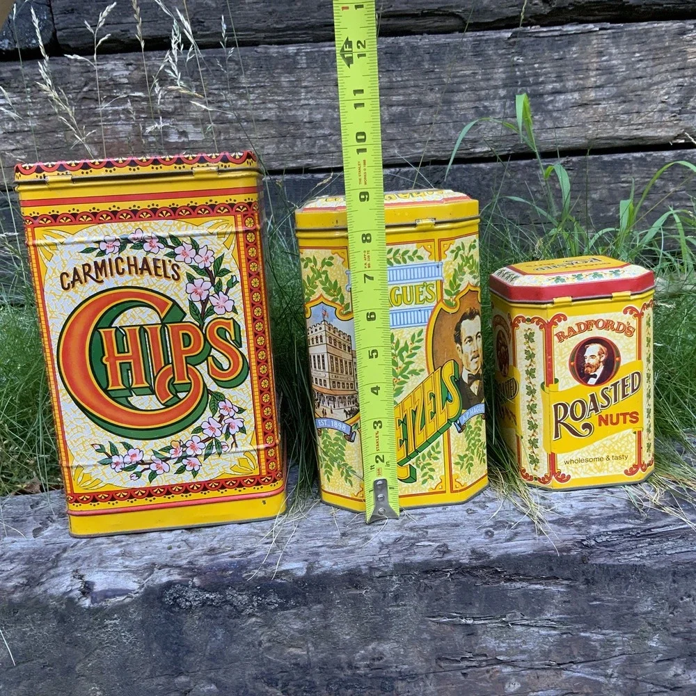 Tin Canister Trio Carmichaels Chips Hague's Pretzels Radfords Nuts England Retro